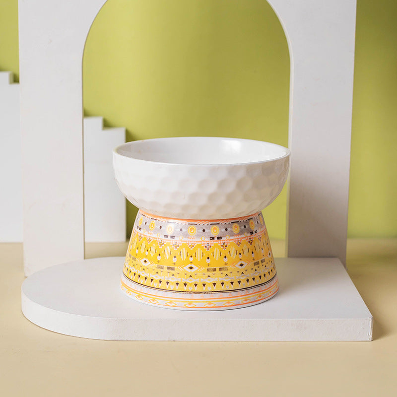 HKM-0639293 Ceramic Pet Bowl with High Foot Design in Bohemian Honeycomb Patterns