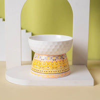 HKM-0639293 Ceramic Pet Bowl with High Foot Design in Bohemian Honeycomb Patterns