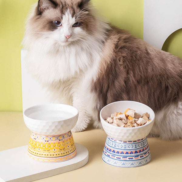 HKM-0639293 Ceramic Pet Bowl with High Foot Design in Bohemian Honeycomb Patterns