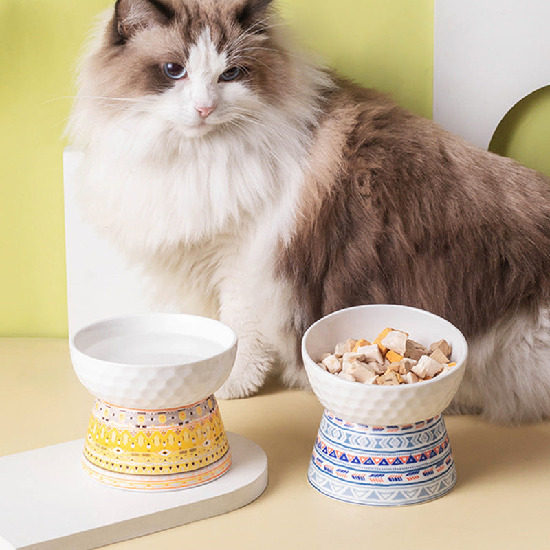HKM-0639293 Ceramic Pet Bowl with High Foot Design in Bohemian Honeycomb Patterns