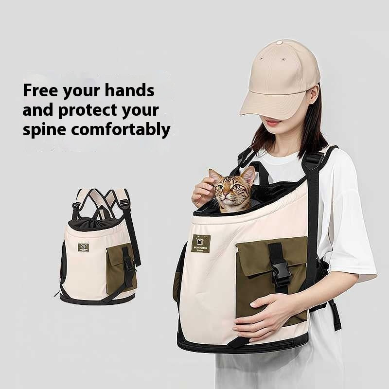 HKM-0641341 Adjustable Drawstring Portable Cat Backpack with Built-in Safety Buckle - Brown and Egg Color Options