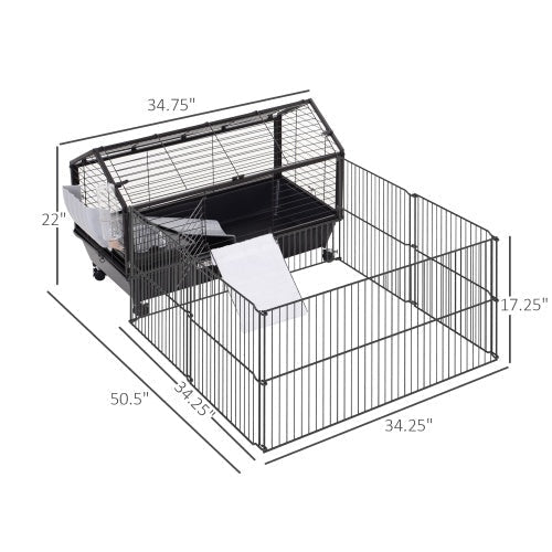HKM-0642749 Small Animal Playpen Cage with Rolling Casters and Water Bottle - 35" L, Durable Steel, Easy Access Design