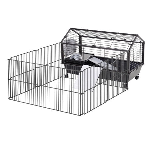 HKM-0642749 Small Animal Playpen Cage with Rolling Casters and Water Bottle - 35" L, Durable Steel, Easy Access Design