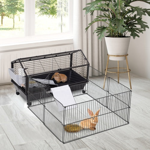 HKM-0642749 Small Animal Playpen Cage with Rolling Casters and Water Bottle - 35" L, Durable Steel, Easy Access Design