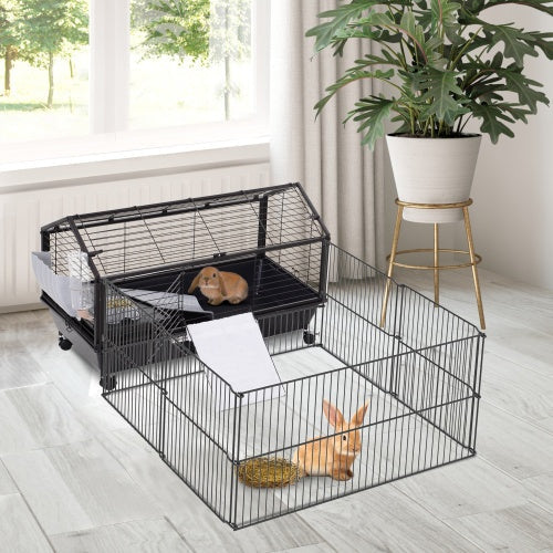 HKM-0642749 Small Animal Playpen Cage with Rolling Casters and Water Bottle - 35" L, Durable Steel, Easy Access Design