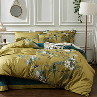 HKM-064339 Satin Long-Staple Cotton Four-Piece Quilt Cover Set with Floral Patterns in Yellow