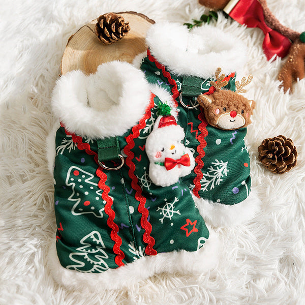 HKM-0643645 Cozy Green Christmas Dog Shirt with Snowman Patch and D-Ring for Small Pets