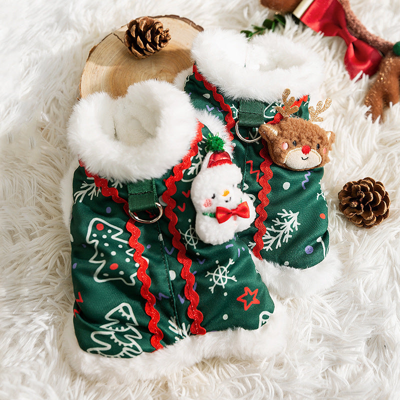 HKM-0643645 Cozy Green Christmas Dog Shirt with Snowman Patch and D-Ring for Small Pets