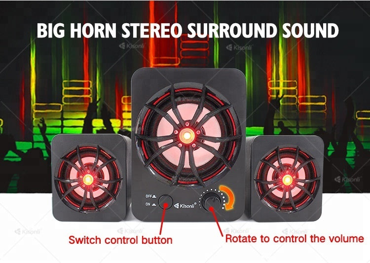 HKM-064659 Colorful Mini 2.1 USB Computer Speaker with 3.5mm Jack - Portable Audio for Home and Mobile Use