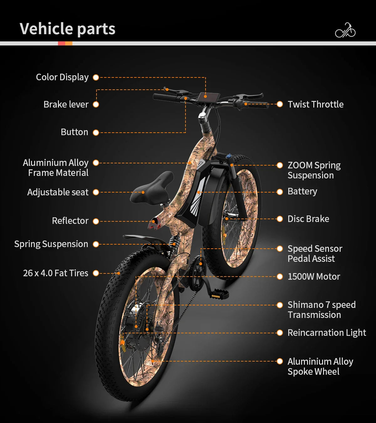 HKM-064659 Electric Mountain Bike 26 Inch Fat Tire 15Ah Lithium Battery 7-Speed Rear Hub Motor 30-50 Km/h