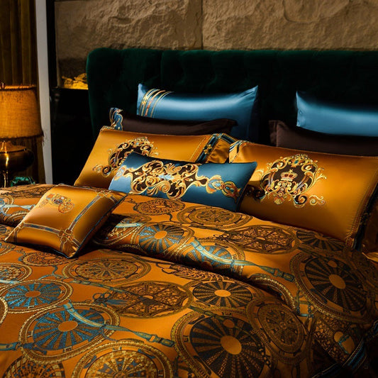 HKM-064659 Luxury Plaid Embroidery Four-Piece Bedset in Skin-Friendly Long-Staple Cotton