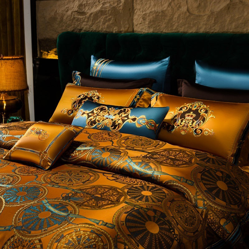HKM-064659 Luxury Plaid Embroidery Four-Piece Bedset in Skin-Friendly Long-Staple Cotton
