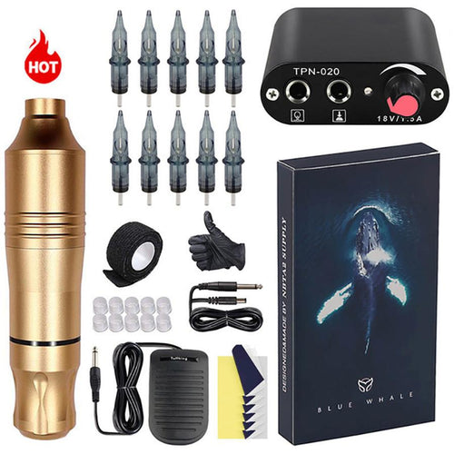 HKM-064659 Mini Tattoo Pen Set with Power Supply, Needles, and Accessories in Multiple Colors