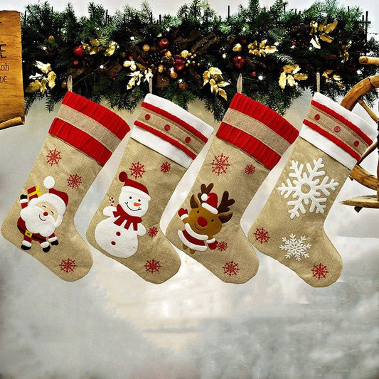 HKM-064787 Vintage Linen Christmas Stockings with Snowman, Deer, and Snowflake Designs