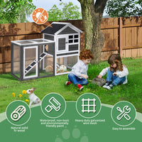 HKM-0648509 Gray Fir Wood Rabbit Hutch with Run and Ladder for Small Pets