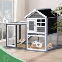 HKM-0648509 Gray Fir Wood Rabbit Hutch with Run and Ladder for Small Pets