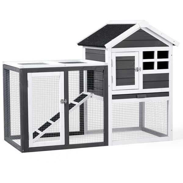 HKM-0648509 Gray Fir Wood Rabbit Hutch with Run and Ladder for Small Pets