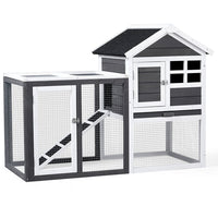HKM-0648509 Gray Fir Wood Rabbit Hutch with Run and Ladder for Small Pets