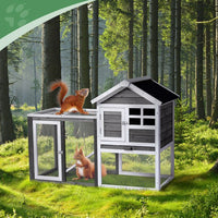 HKM-0648509 Gray Fir Wood Rabbit Hutch with Run and Ladder for Small Pets