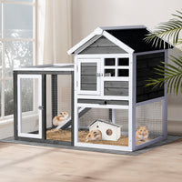 HKM-0648509 Gray Fir Wood Rabbit Hutch with Run and Ladder for Small Pets