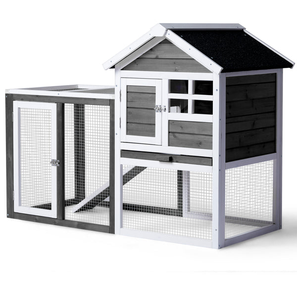 HKM-0648509 Gray Fir Wood Rabbit Hutch with Run and Ladder for Small Pets