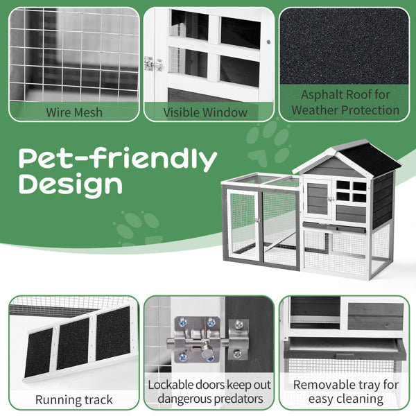 HKM-0648509 Gray Fir Wood Rabbit Hutch with Run and Ladder for Small Pets