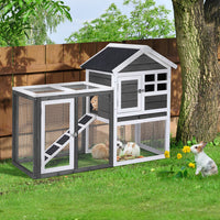 HKM-0648509 Gray Fir Wood Rabbit Hutch with Run and Ladder for Small Pets