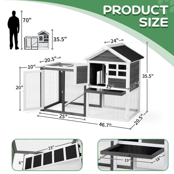 HKM-0648509 Gray Fir Wood Rabbit Hutch with Run and Ladder for Small Pets