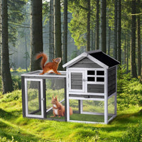 HKM-0648509 Gray Fir Wood Rabbit Hutch with Run and Ladder for Small Pets