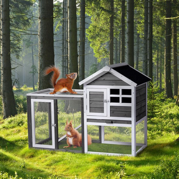HKM-0648509 Gray Fir Wood Rabbit Hutch with Run and Ladder for Small Pets