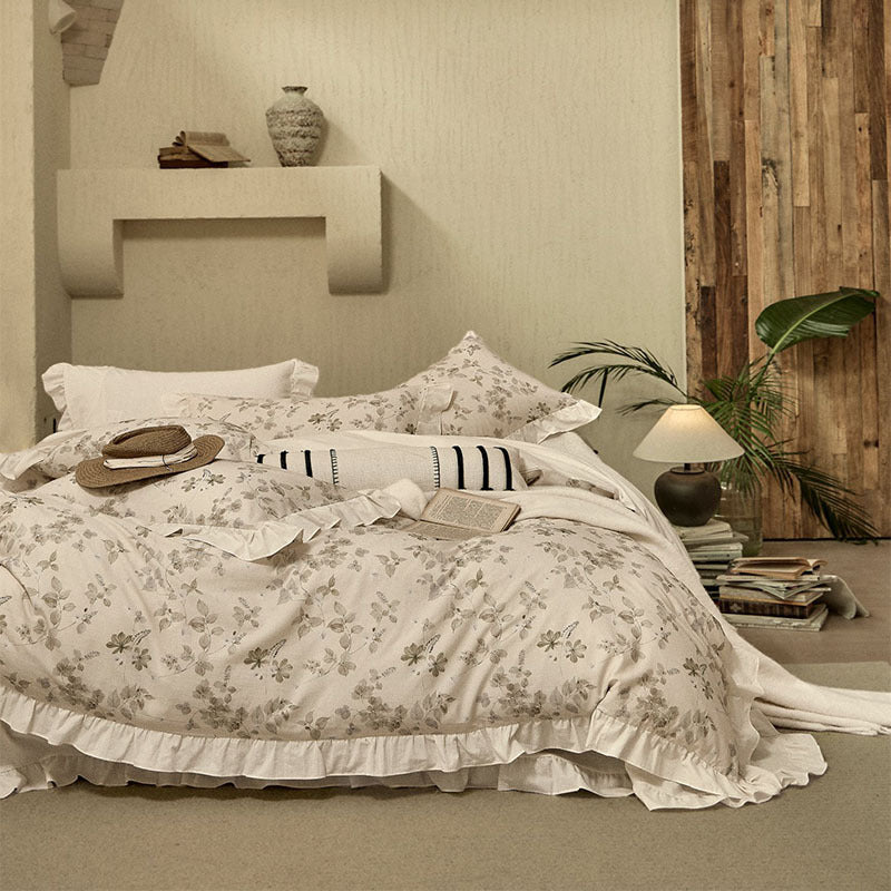 HKM-065171 Floral Cotton and Linen Yarn-Dyed Bedding Set - Quilt Cover, Bed Sheet, Pillowcases