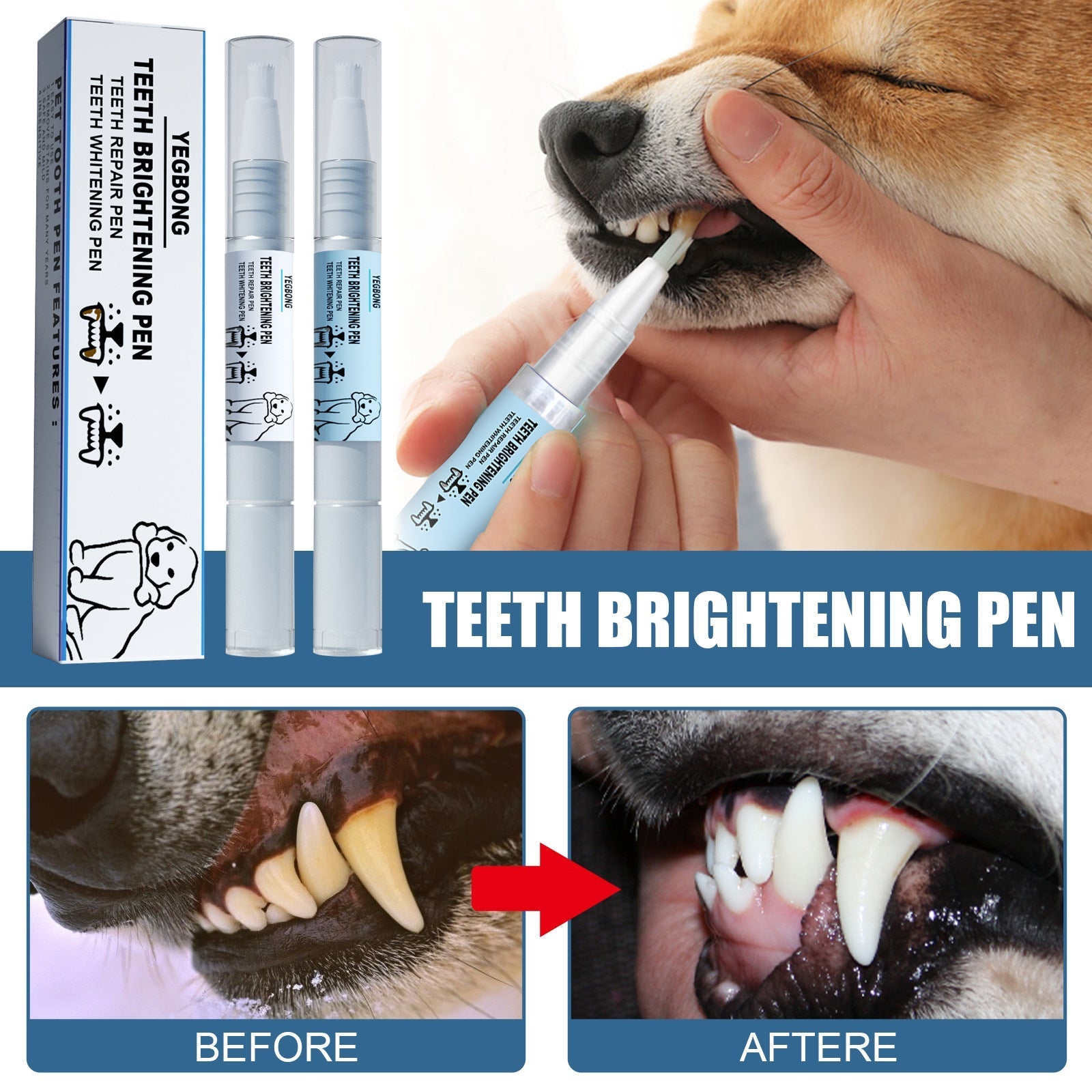 HKM-0652477 Pet Teeth Whitening Pen for Dogs and Cats - Tartar Remover with 2 Dental Brushes - 6ml Total