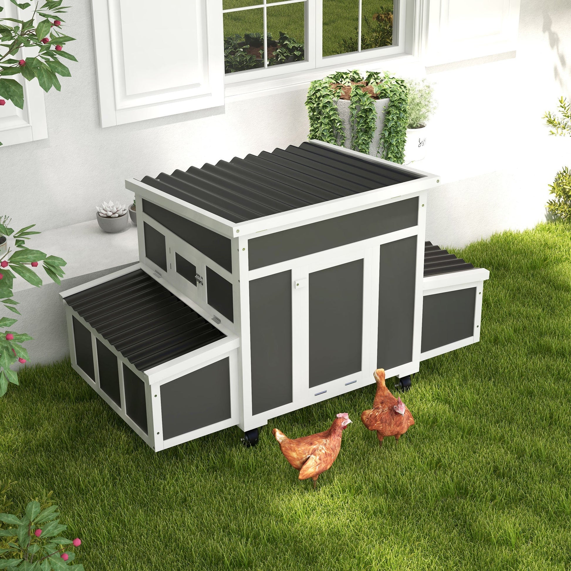 HKM-0654269 Spacious Dark Gray Wooden Chicken Coop with Nesting Box for Up to 6 Chickens
