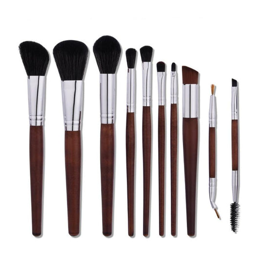HKM-065555 10-Piece Makeup Brush Set with Aluminum Tubes and Wooden Handles - Nylon Hair for Precise Application