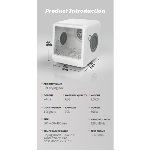 HKM-0656061 Pet Dryer Room with Hot & Cold Air, Automatic 3-Speed Mode, for Cats and Dogs, 32-40°C Temperature Range