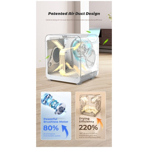 HKM-0656061 Pet Dryer Room with Hot & Cold Air, Automatic 3-Speed Mode, for Cats and Dogs, 32-40°C Temperature Range