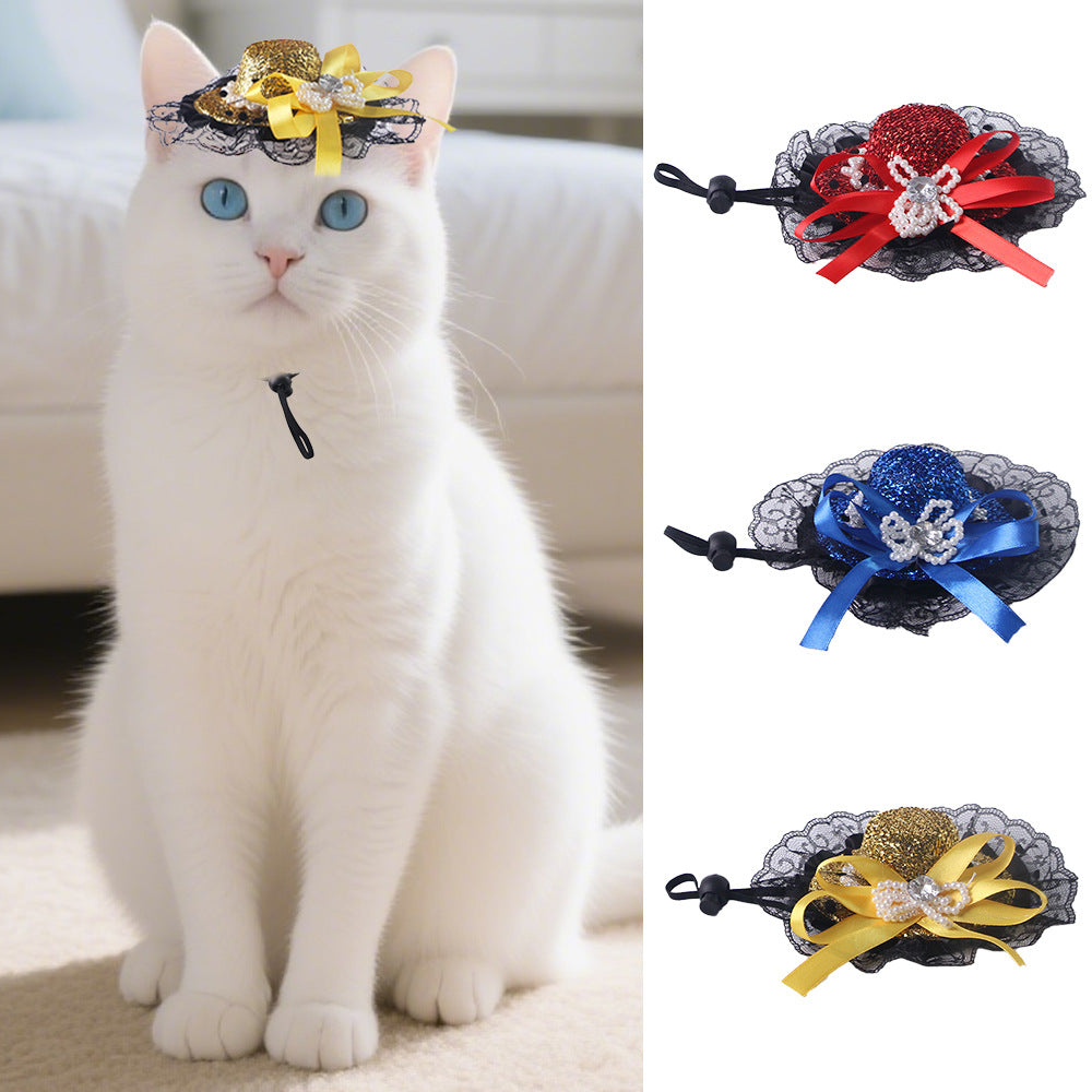 HKM-0662205 Embroidered Cloth Pet Lace Hat for Cats in Red, Gold, and Blue