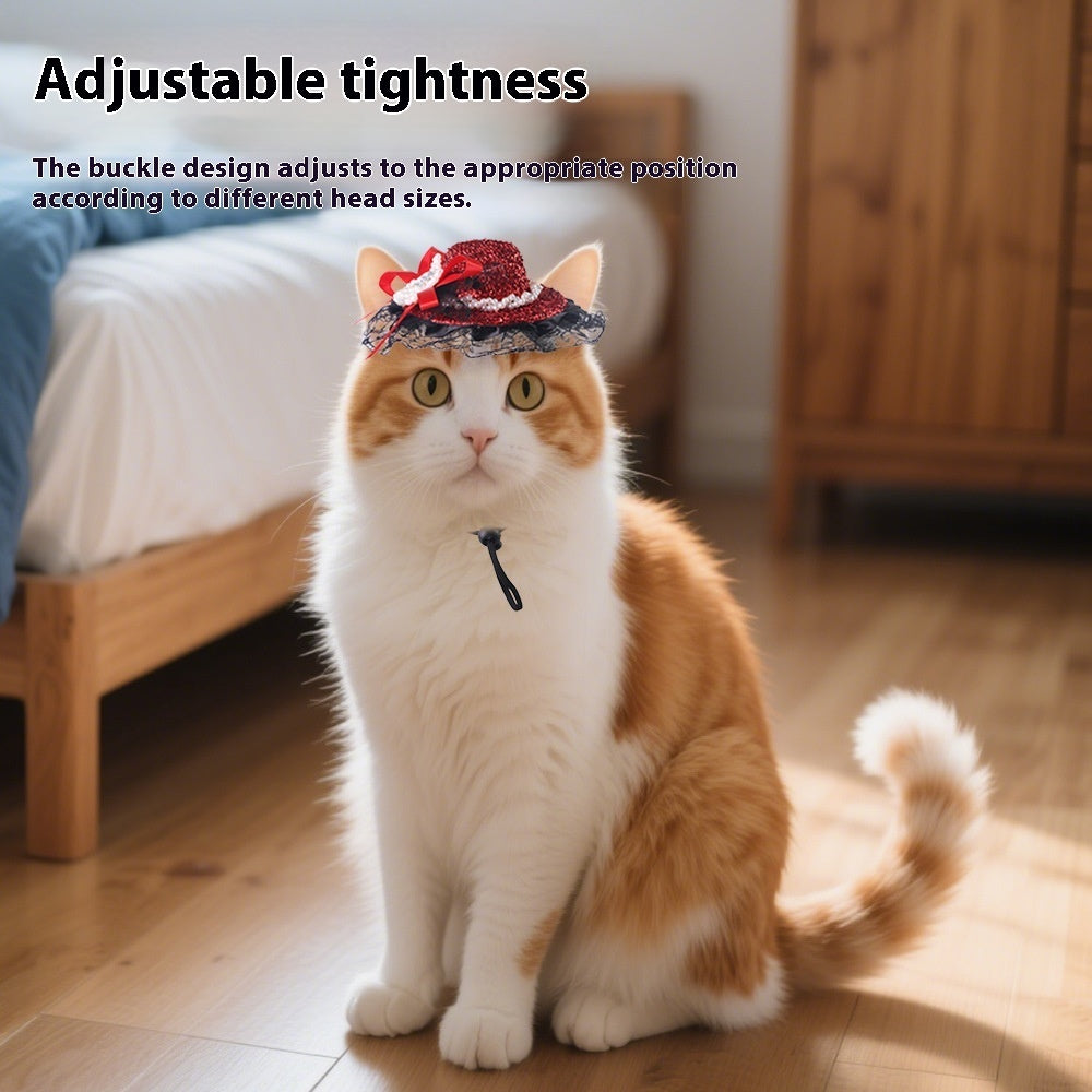 HKM-0662205 Embroidered Cloth Pet Lace Hat for Cats in Red, Gold, and Blue