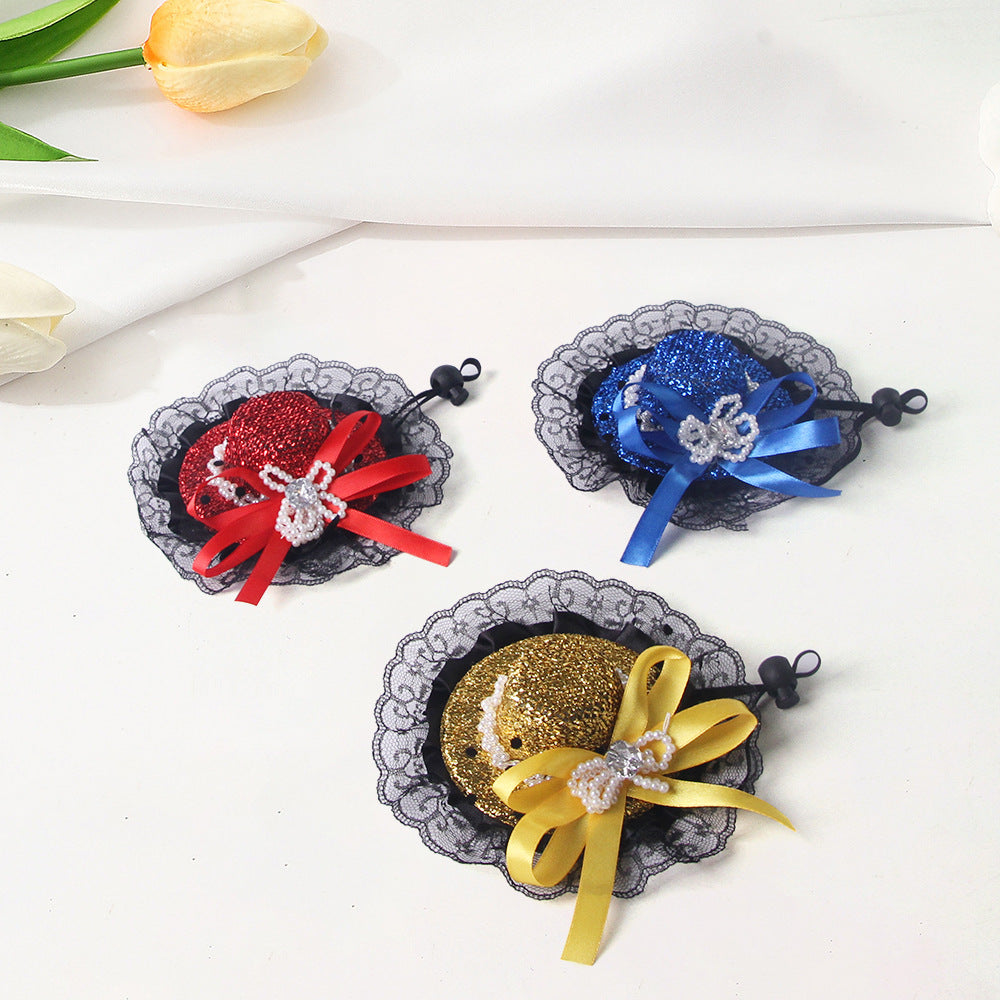 HKM-0662205 Embroidered Cloth Pet Lace Hat for Cats in Red, Gold, and Blue