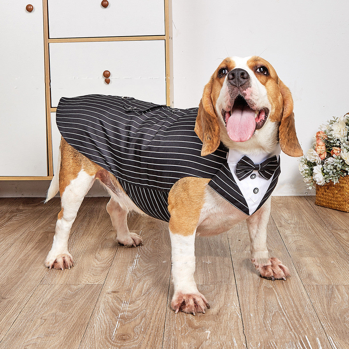 HKM-0664509 Elegant Dog Wedding Suit with Triangular Scarf - Gray Striped Design, Various Sizes Available