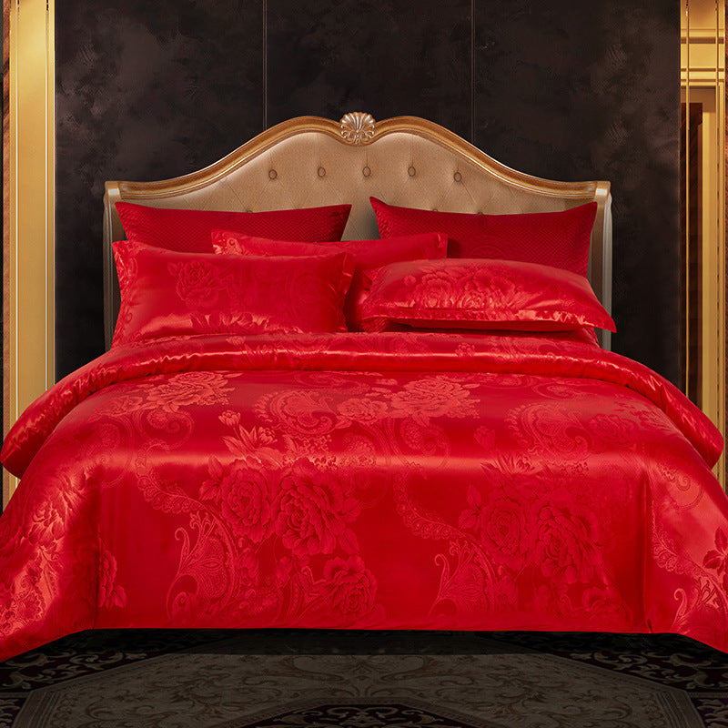 HKM-066643 Silk Jacquard Four-Piece Bedding Set with Bed Sheet, Duvet Cover, and Pillowcases