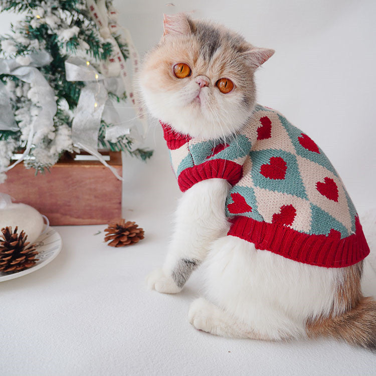 HKM-0669885 Cozy Love Rhombus Sweater for Cats – Pomegranate Red & Raspberry Purple Options