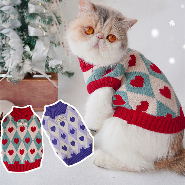 HKM-0669885 Cozy Love Rhombus Sweater for Cats – Pomegranate Red & Raspberry Purple Options