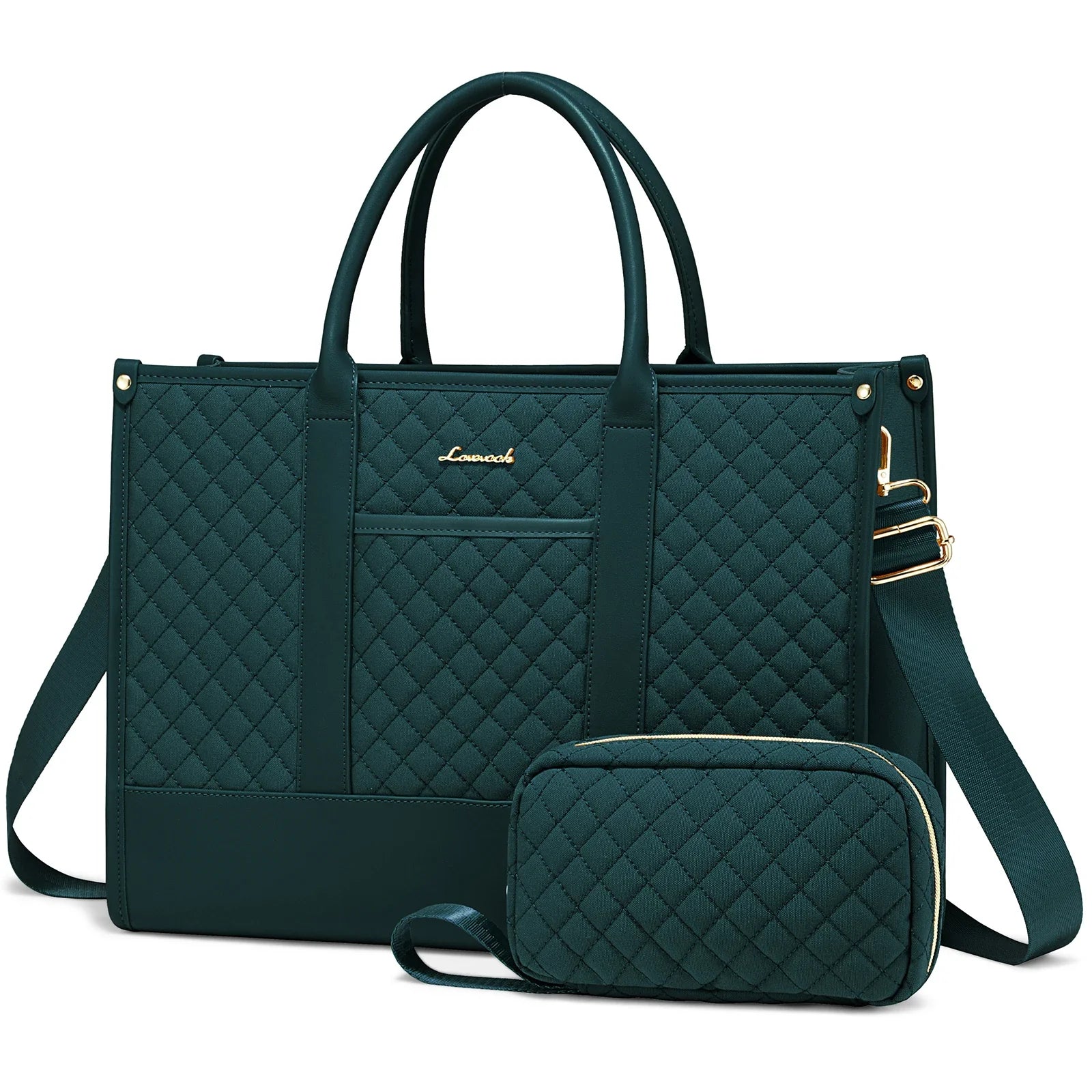 HKM-067027 Waterproof Quilted Work Tote Bag for 15.6 Inch Laptop with Clutch - Lightweight Computer Travel Shoulder Purse