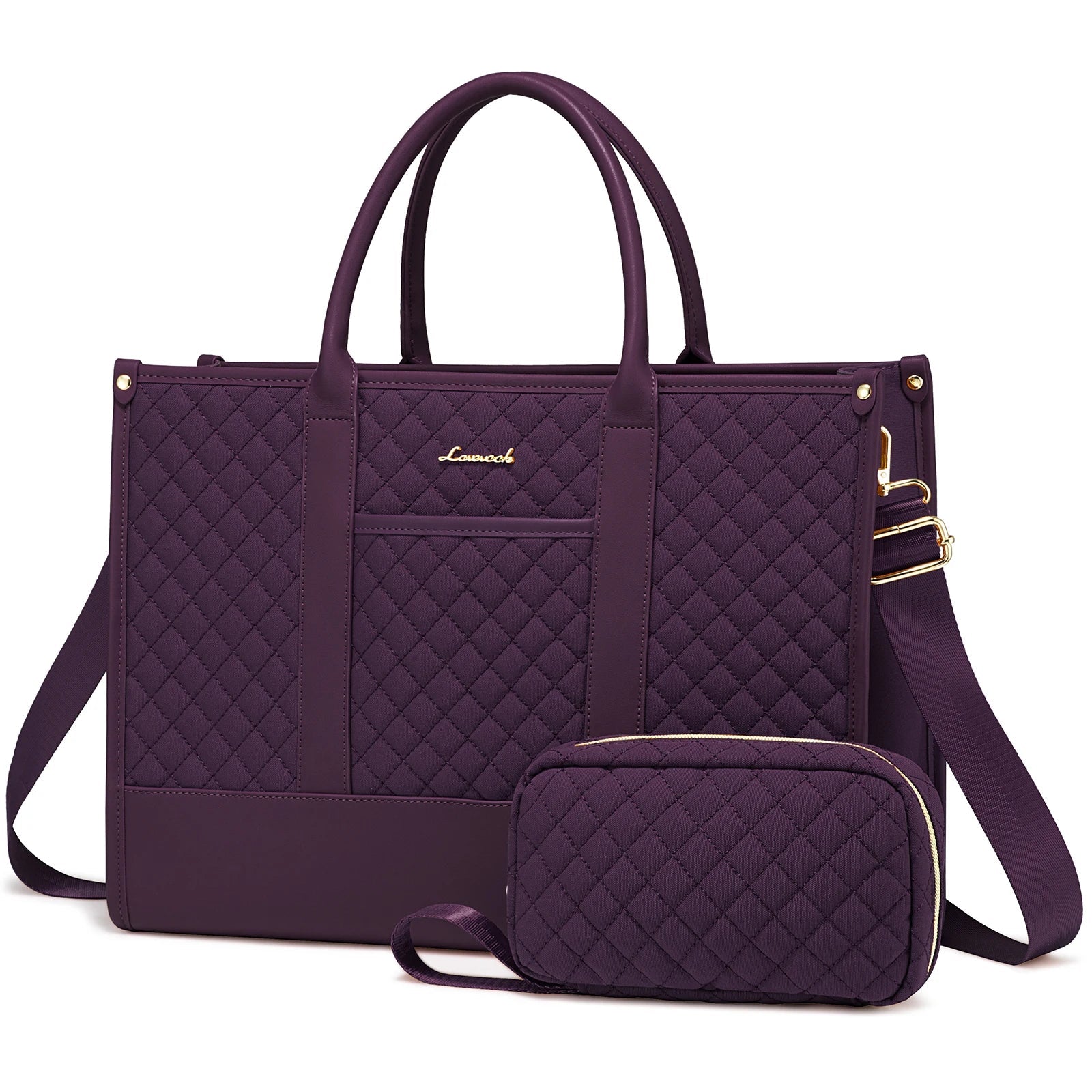 HKM-067027 Waterproof Quilted Work Tote Bag for 15.6 Inch Laptop with Clutch - Lightweight Computer Travel Shoulder Purse