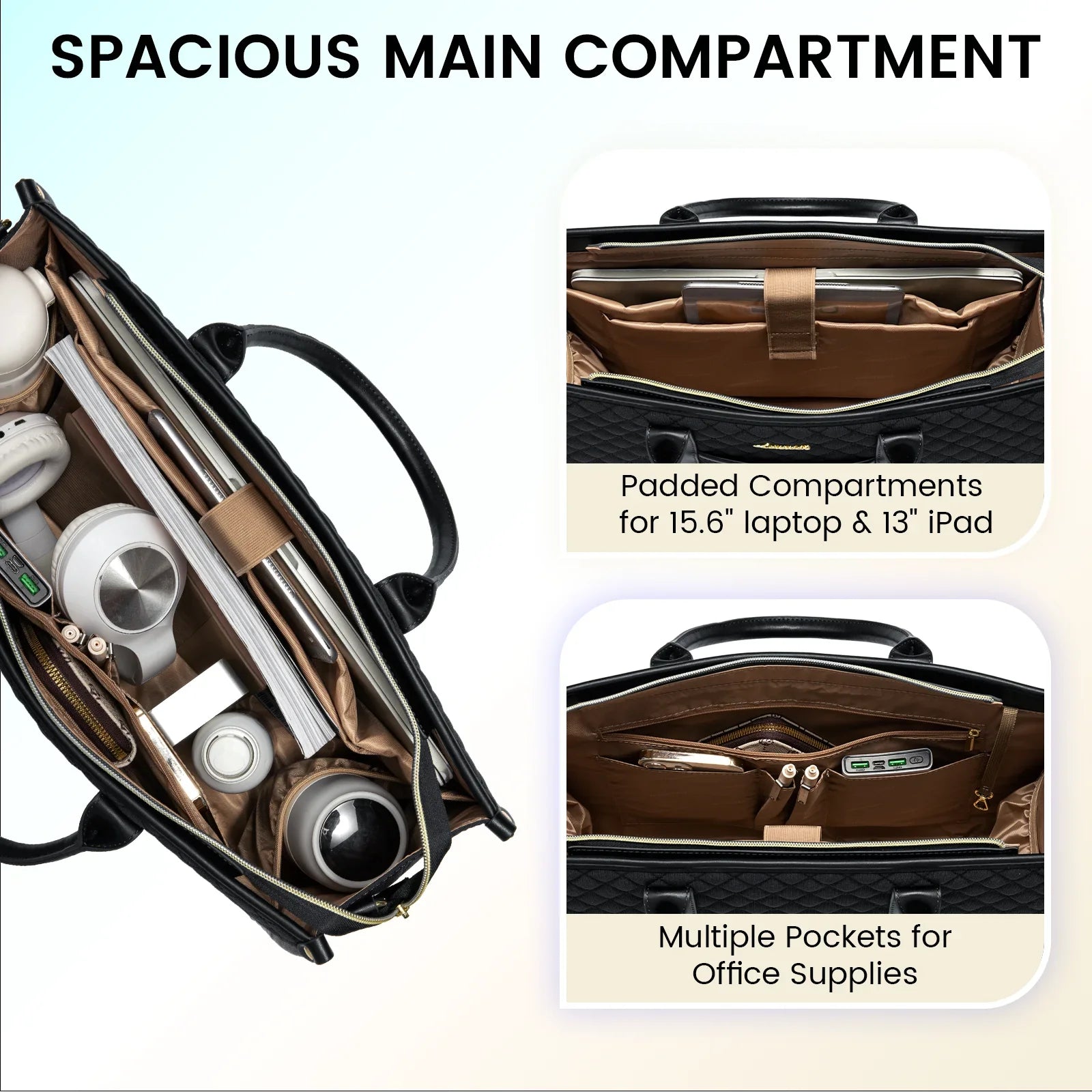 HKM-067027 Waterproof Quilted Work Tote Bag for 15.6 Inch Laptop with Clutch - Lightweight Computer Travel Shoulder Purse