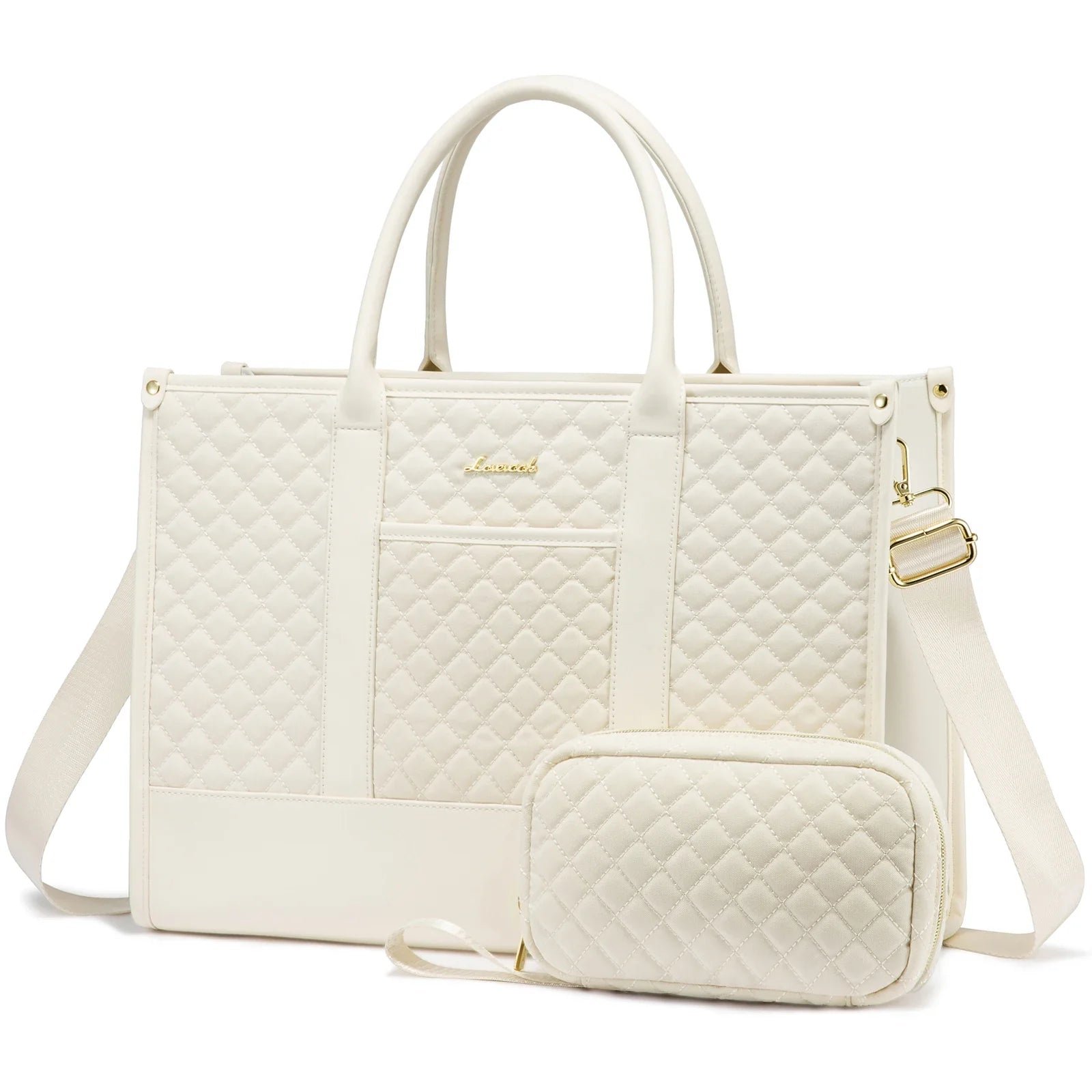 HKM-067027 Waterproof Quilted Work Tote Bag for 15.6 Inch Laptop with Clutch - Lightweight Computer Travel Shoulder Purse