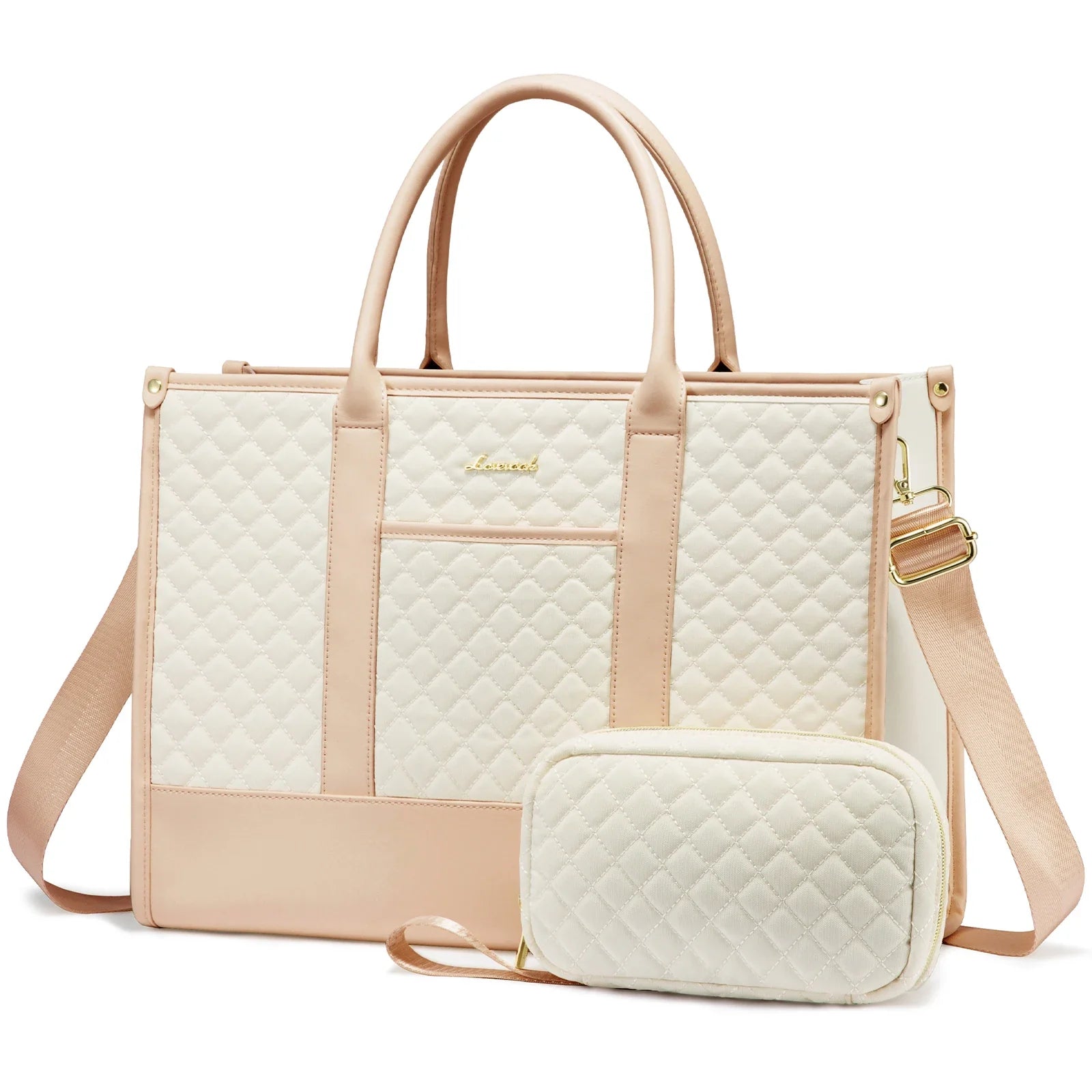 HKM-067027 Waterproof Quilted Work Tote Bag for 15.6 Inch Laptop with Clutch - Lightweight Computer Travel Shoulder Purse