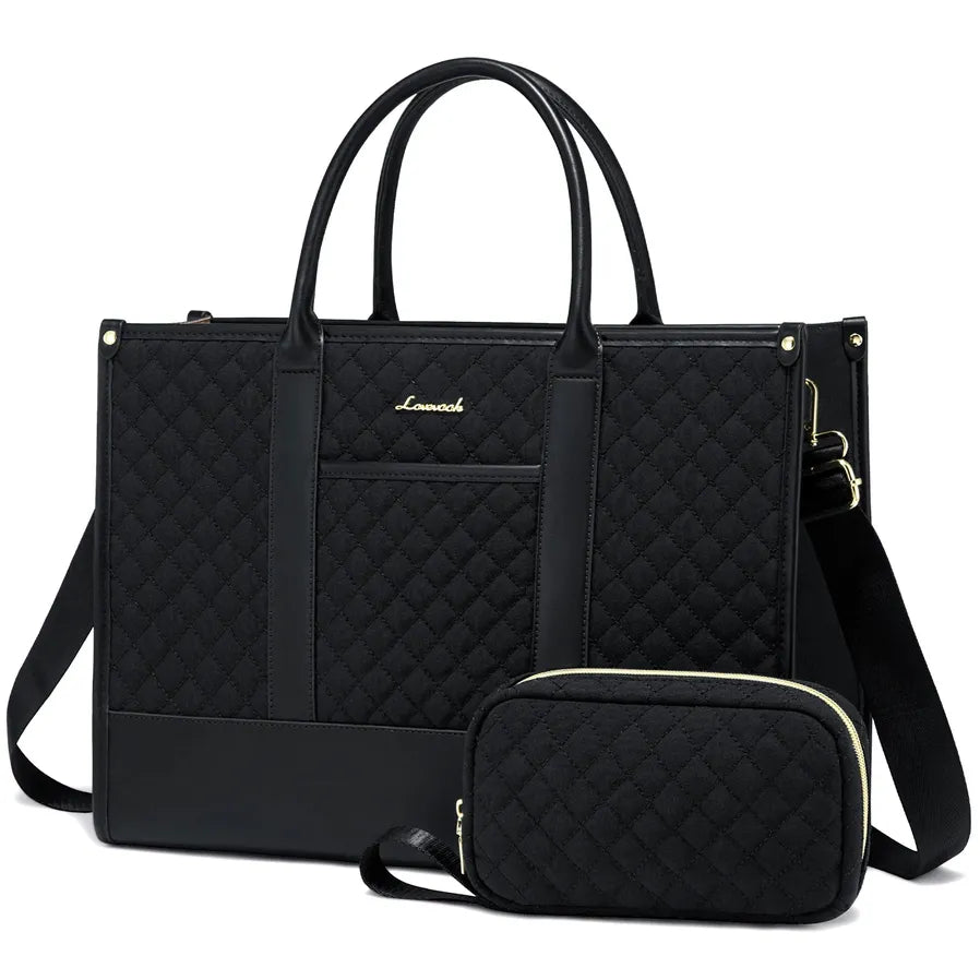 HKM-067027 Waterproof Quilted Work Tote Bag for 15.6 Inch Laptop with Clutch - Lightweight Computer Travel Shoulder Purse