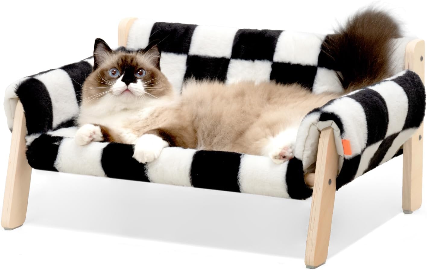 HKM-0670525 Stylish Raised Cat Bed with Wooden Legs, Removable Washable Cover, and Soft Checkerboard Design for Indoor Use